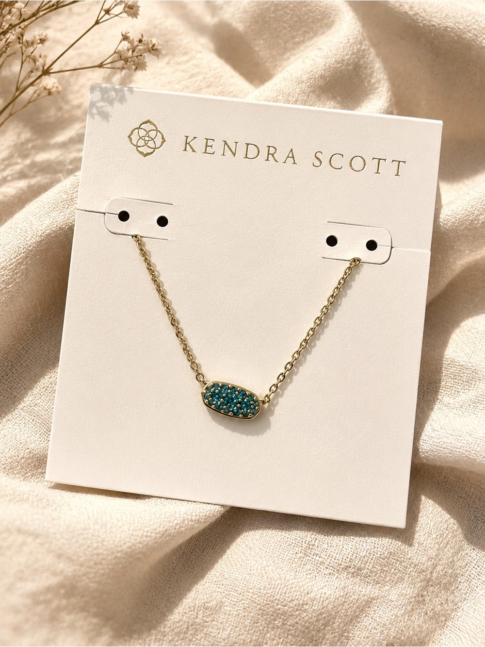 Kendra Scott Gold tone Necklace with emerald Crystal Pavé Pendant adjustable